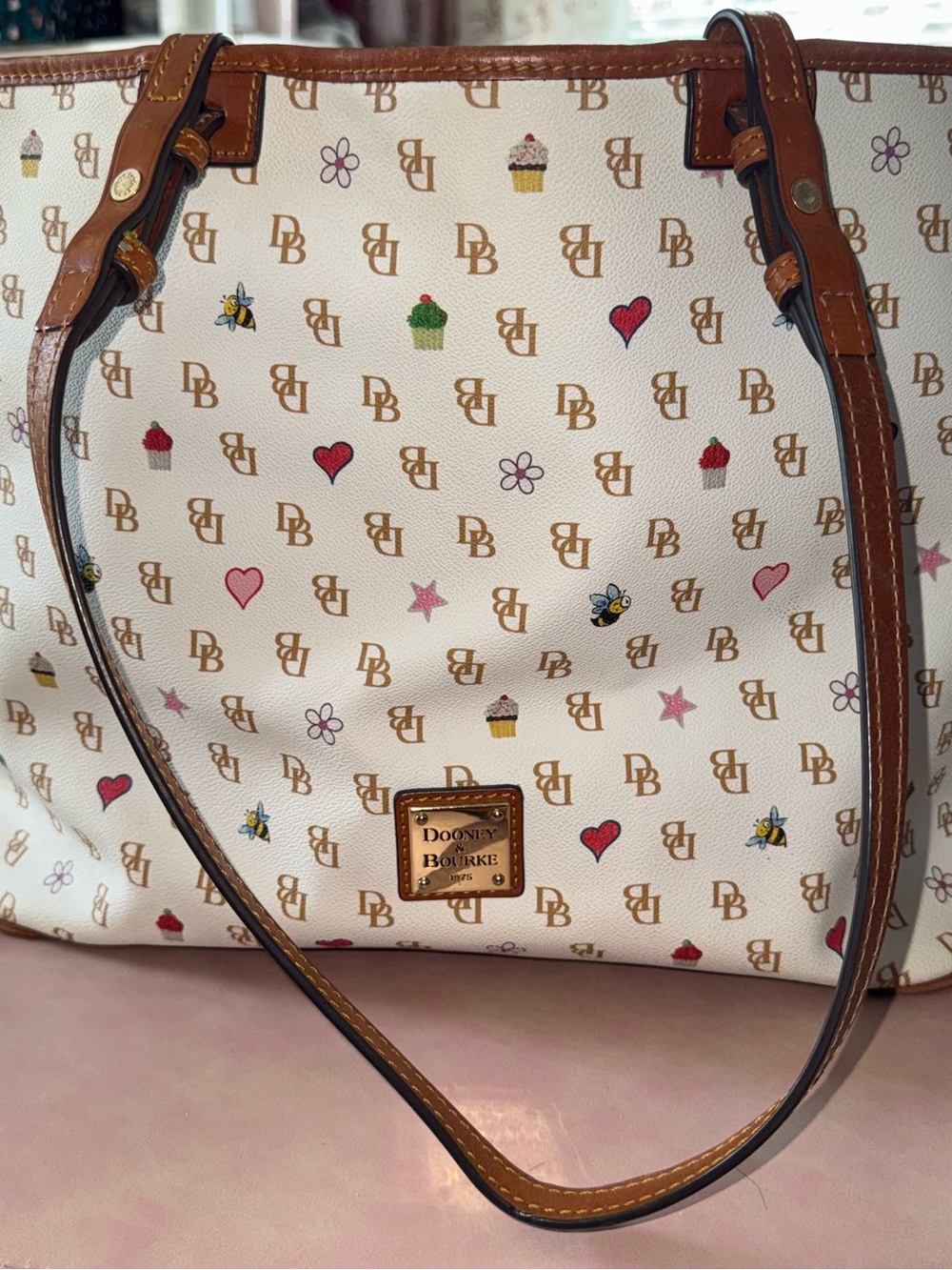 Dooney & Bourke Cream Logo Tote with Brown Trim and Multicolor Motifs